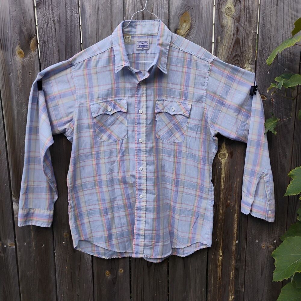 Vintage 70s Levi Strauss White Tab Pastel Plaid Western Button Down XL USA Blue
